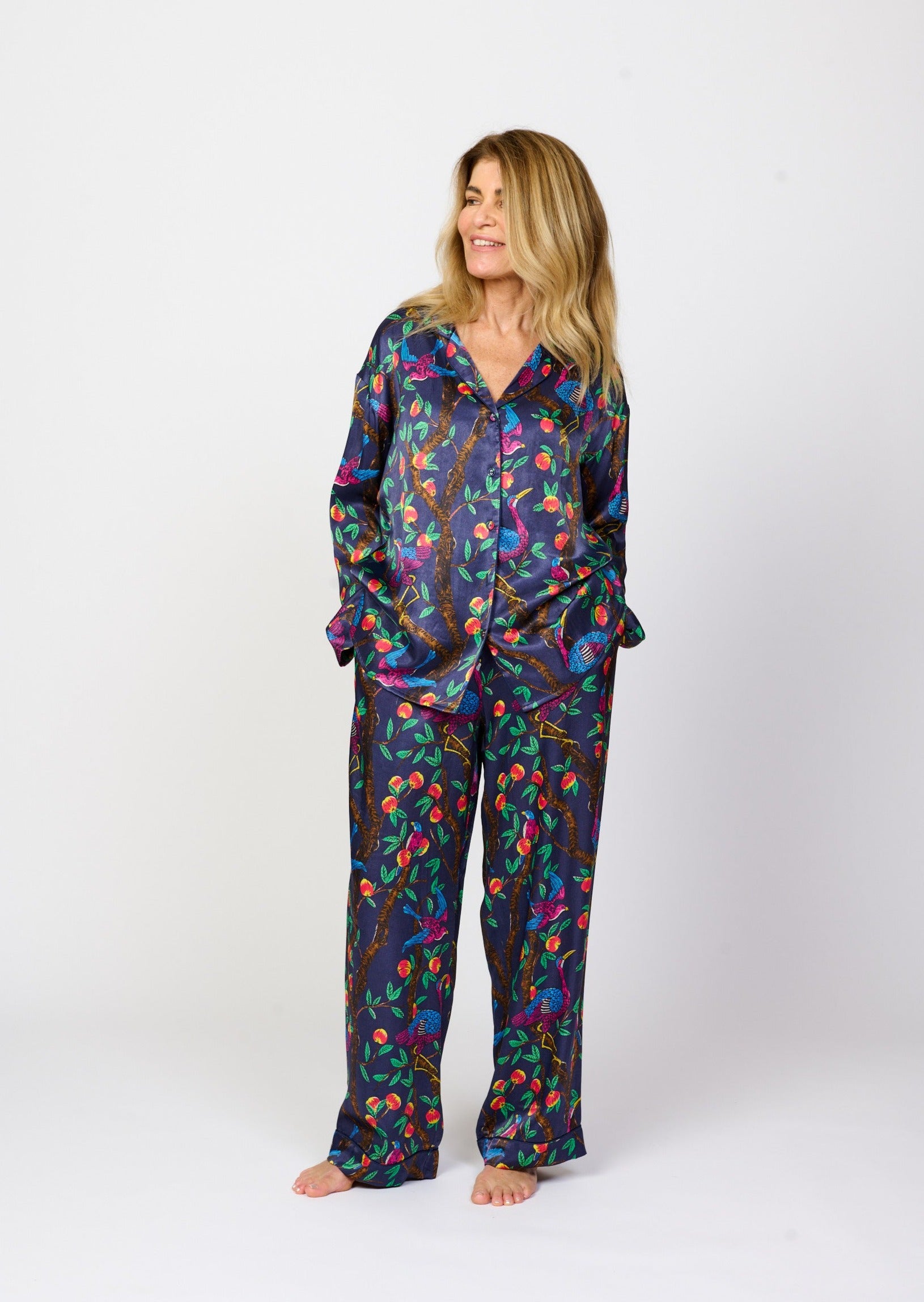 Brightly colour tropical bird and foliage print - silky feel pyjama set - full length front view with matching pants