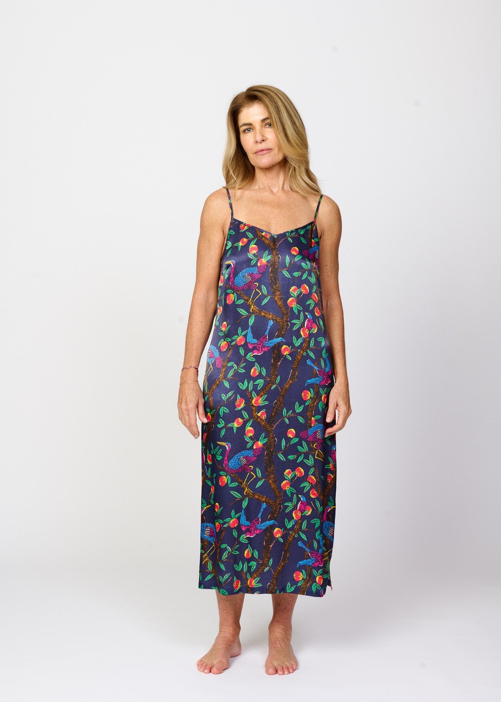Brightly colour tropical bird and foliage print - silky feel chemise nightie - front view