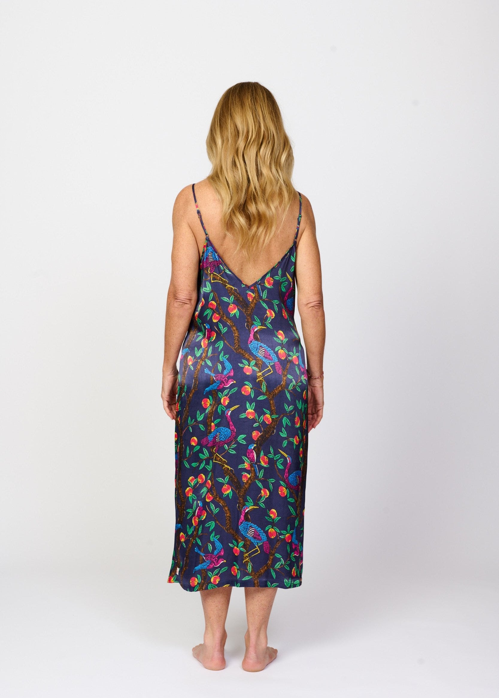 Brightly colour tropical bird and foliage print - silky feel chemise nightie - back view