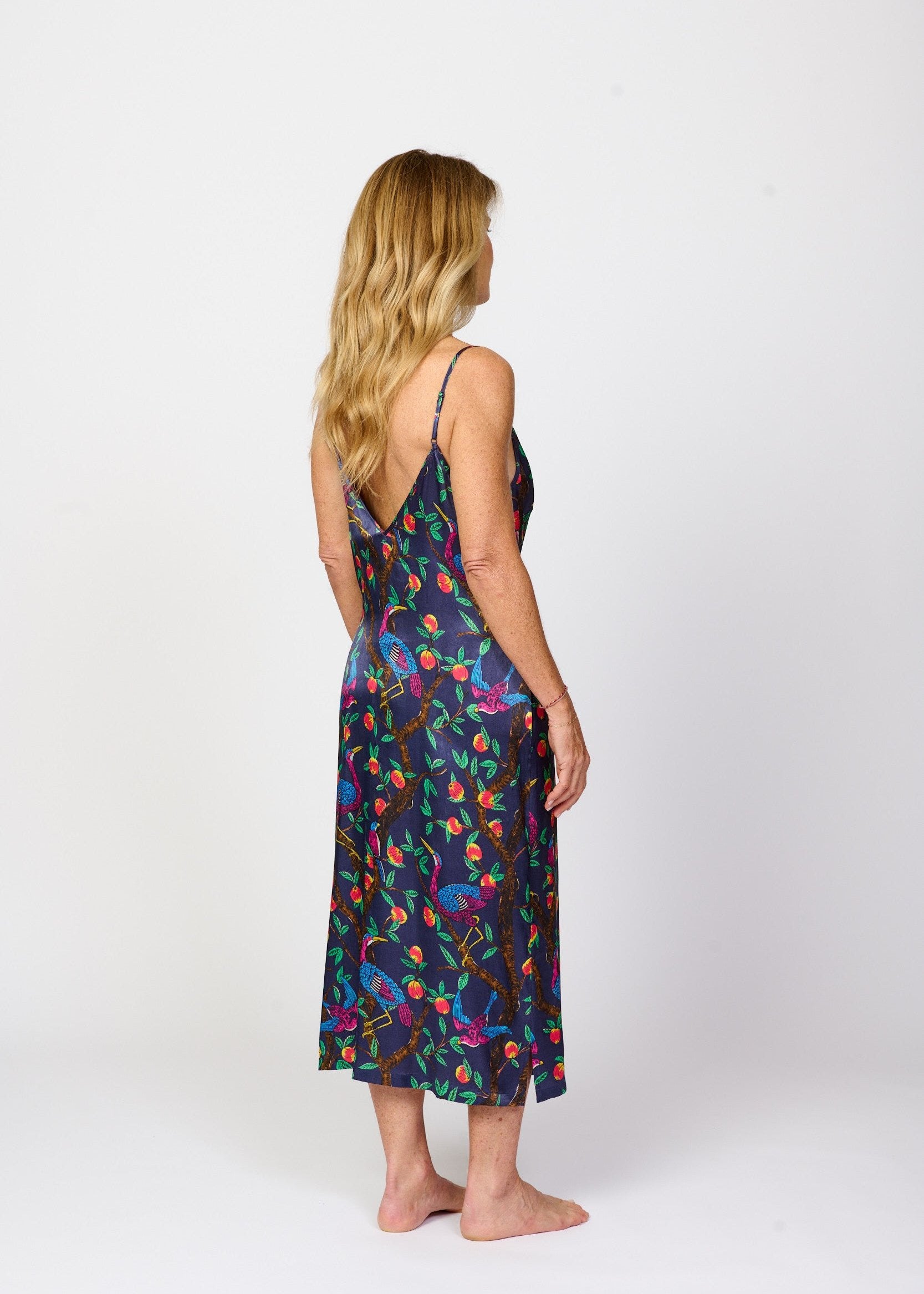 Brightly colour tropical bird and foliage print - silky feel chemise nightie - side back view