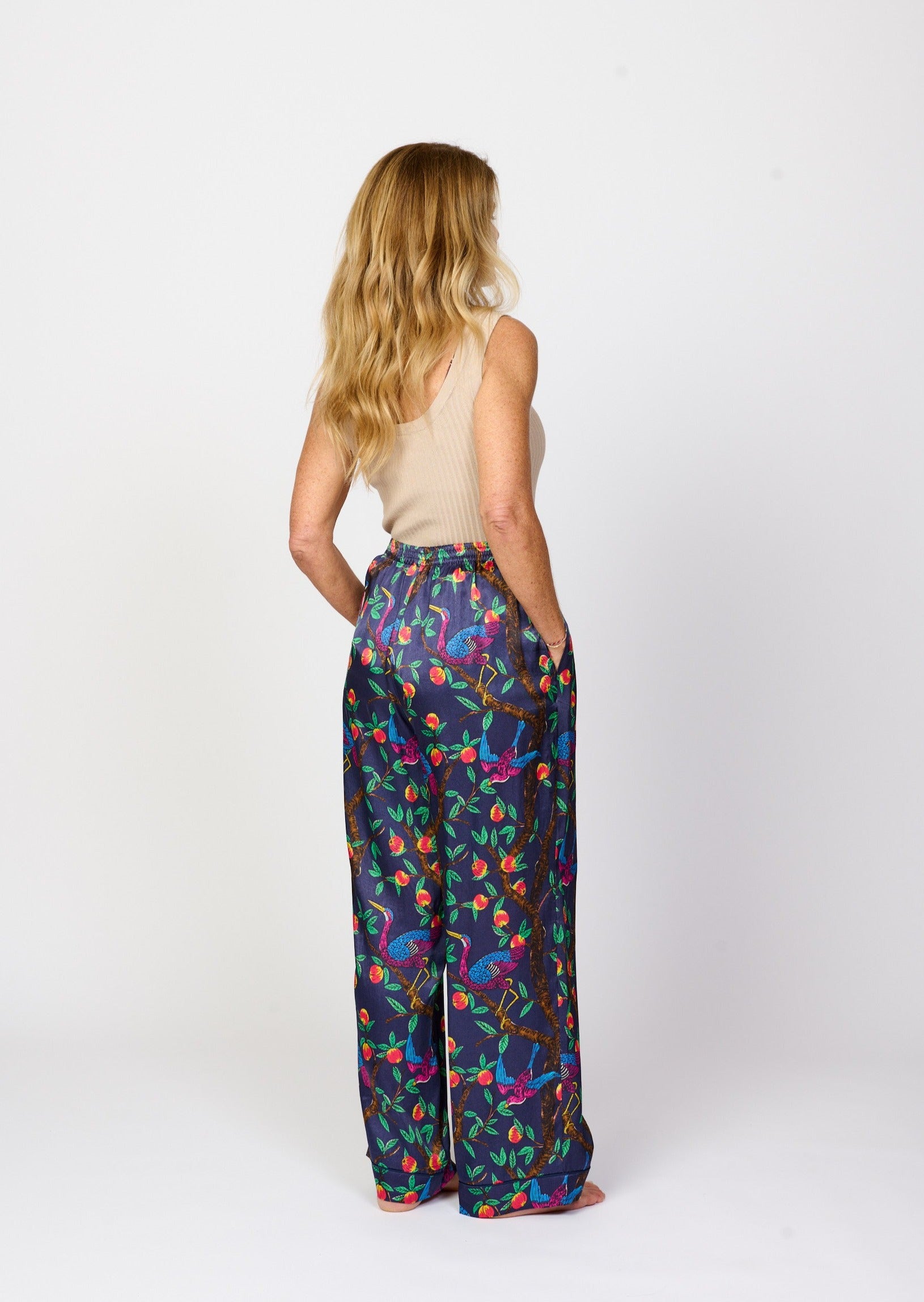 Brightly colour tropical bird and foliage print - silky feel pyjama pants - back view