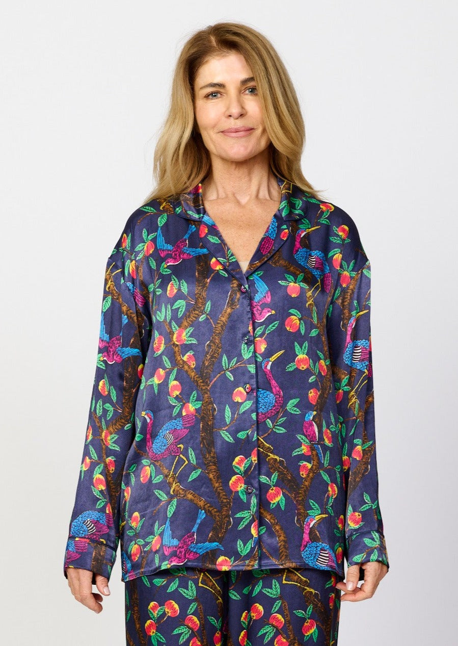 Brightly colour tropical bird and foliage print - silky feel pyjama top - front view