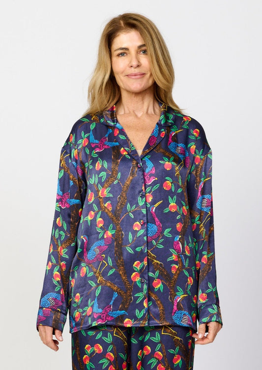 Brightly colour tropical bird and foliage print - silky feel pyjama top - front view