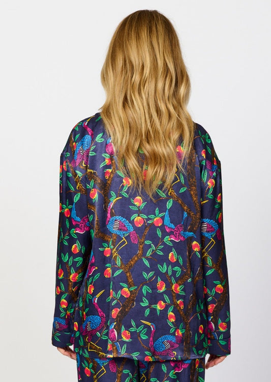 Brightly colour tropical bird and foliage print - silky feel pyjama top - back view