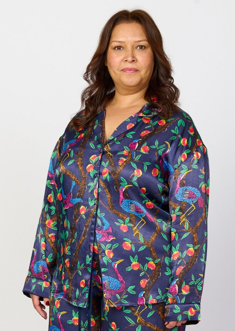 Brightly colour tropical bird and foliage print - silky feel pyjama top - front view - larger size