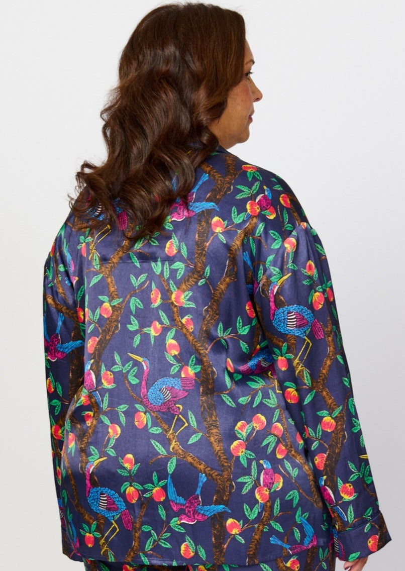 Brightly colour tropical bird and foliage print - silky feel pyjama top - back view - larger size
