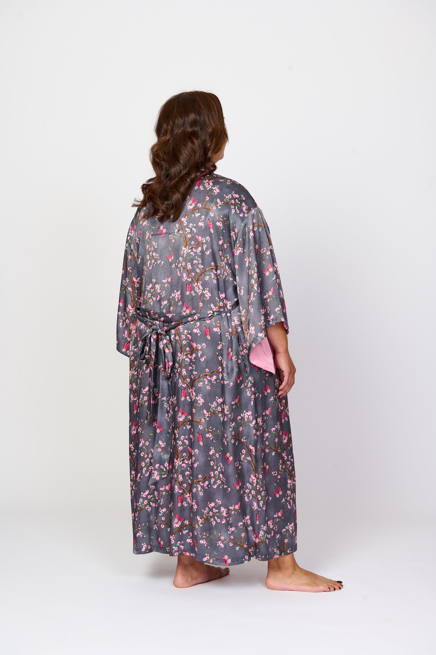 Pretty cherry blossom floral print silky feel kimono robe - back view - larger size