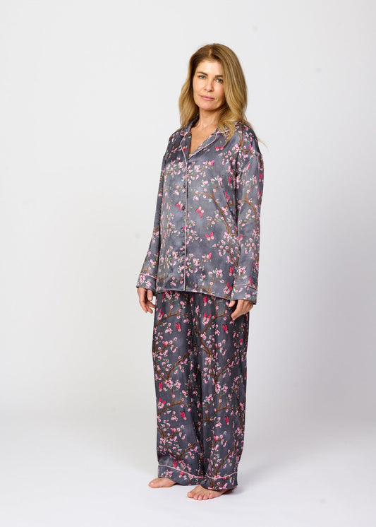 Pretty cherry blossom floral print silky feel pyjama set - front view shown with matching pyjama pants