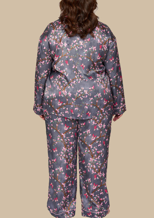 Pretty cherry blossom floral print silky feel pyjama set - back view shown with matching pyjama pants