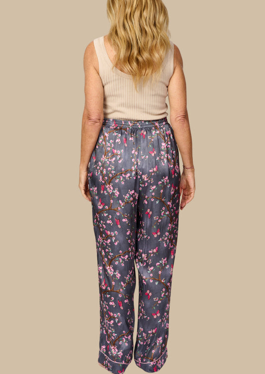Pretty cherry blossom floral print silky feel pyjama pants - back view