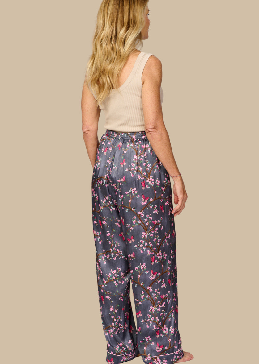 Pretty cherry blossom floral print silky feel pyjama pants - back side view