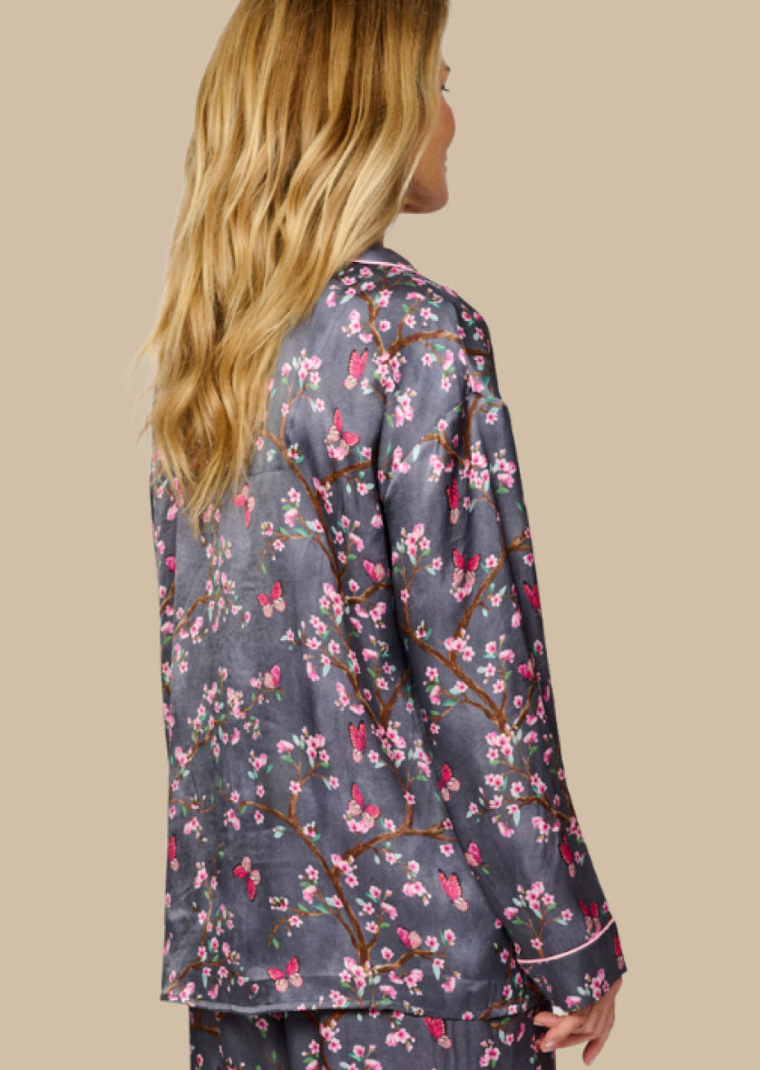 Pretty cherry blossom floral print silky feel pyjama shirt - back side view