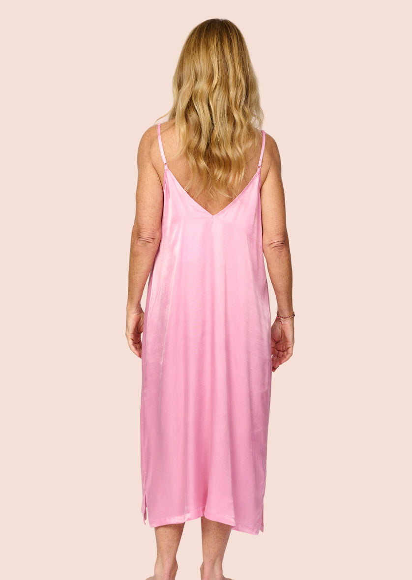 Plain soft petal pink silky feel chemise nightie back view
