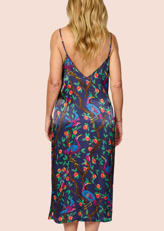 Brightly colour tropical bird and foliage print - silky feel chemise nightie - back view