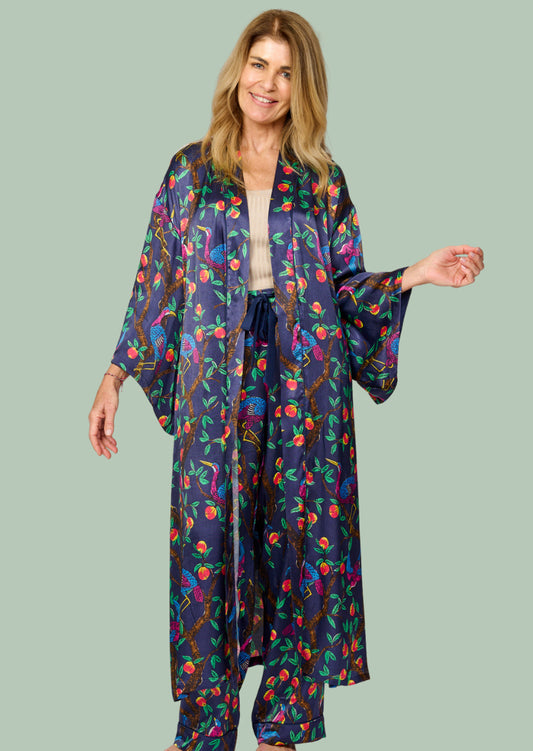 Brightly colour tropical bird and foliage print - silky feel kimono robe - front view - arms out - shown with matching pyjama pants