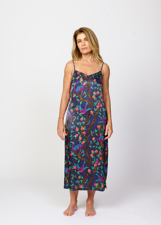 Brightly colour tropical bird and foliage print - silky feel chemise nightie - front view 