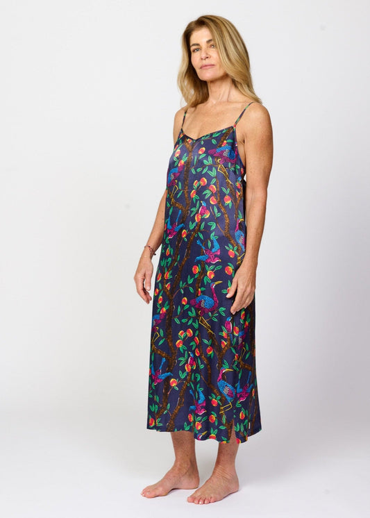 Brightly colour tropical bird and foliage print - silky feel chemise nightie - side front view 