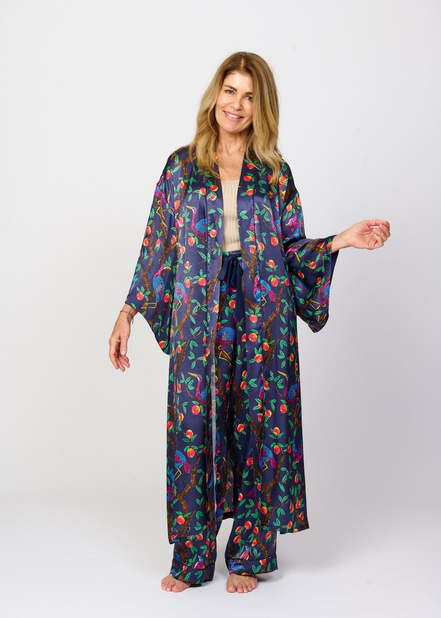 Brightly colour tropical bird and foliage print - silky feel kimono robe - front view - shown with matching pyjama pants