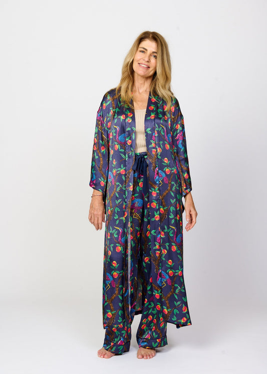Brightly colour tropical bird and foliage print - silky feel kimono robe - front view - shown with matching pyjama pants