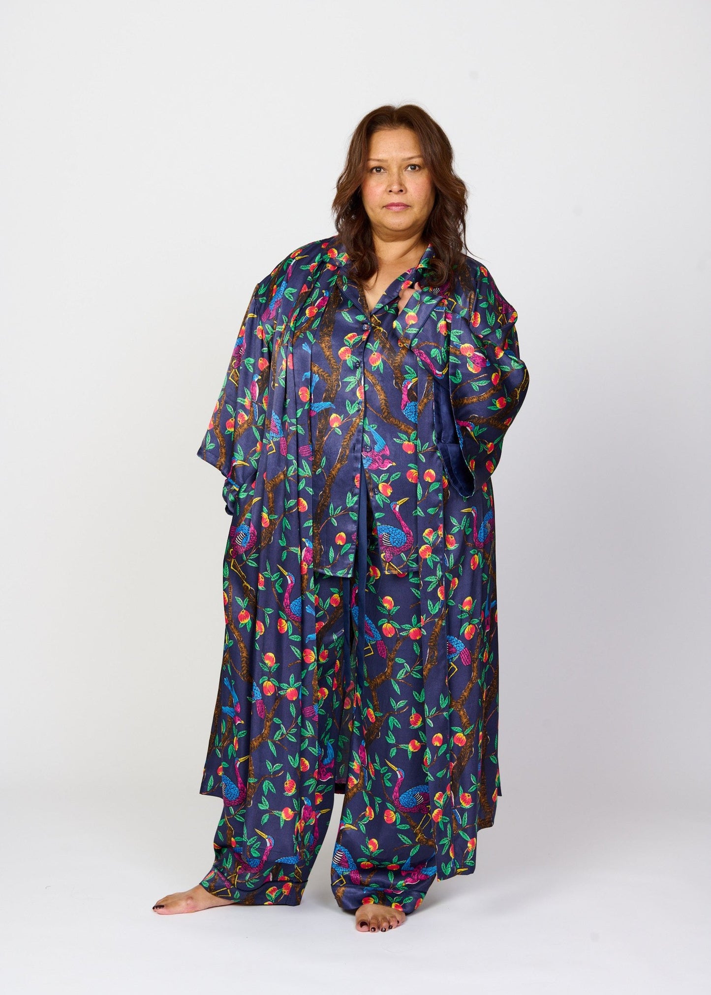 Brightly colour tropical bird and foliage print - silky feel kimono robe - front view - shown with matching pyjama pants and top  - larger size