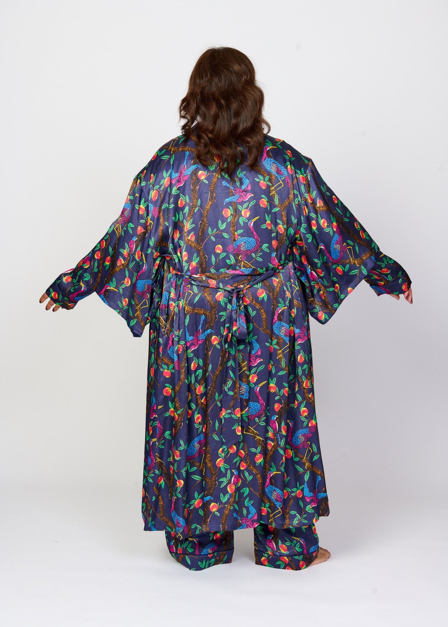 Brightly colour tropical bird and foliage print - silky feel kimono robe - front view - shown with matching pyjama pants and top - larger size