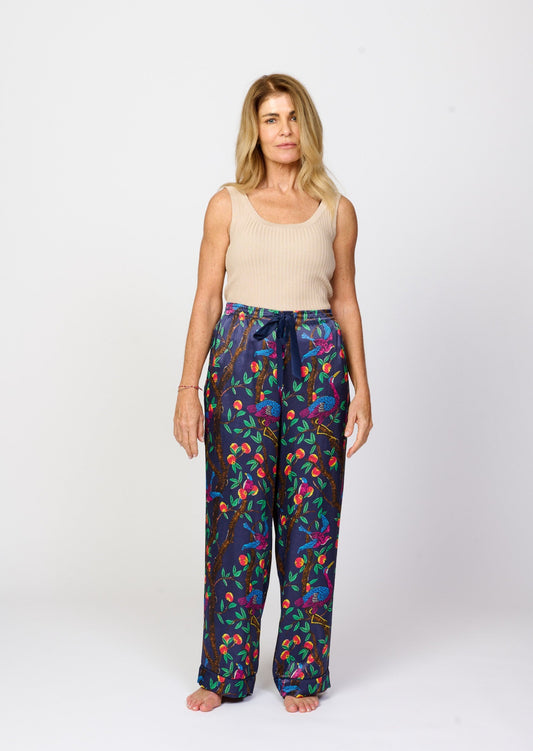 Brightly colour tropical bird and foliage print - silky feel pyjama pants - front view