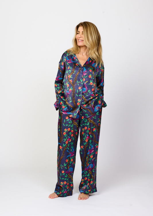 Brightly colour tropical bird and foliage print - silky feel pyjama top - full length front view with matching pants