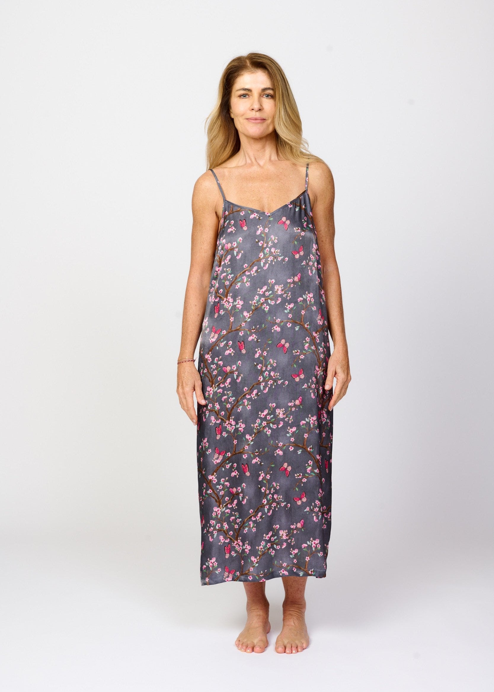 Pretty cherry blossom floral print silky feel chemise nightie - front view
