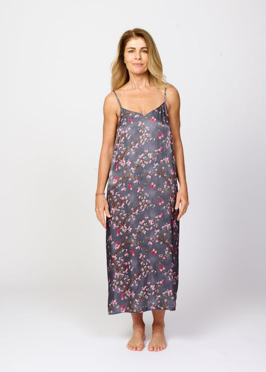 Pretty cherry blossom floral print silky feel chemise nightie - front view