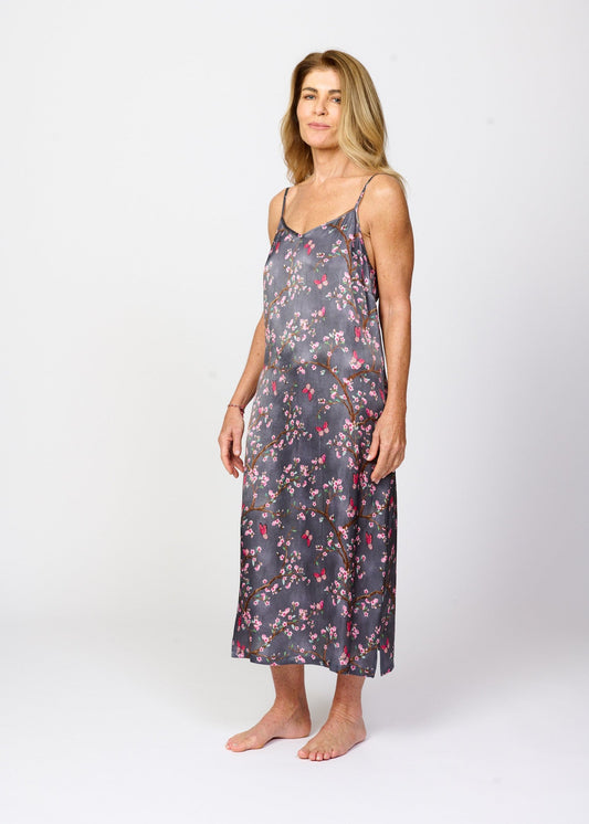 Pretty cherry blossom floral print silky feel chemise nightie - front side view