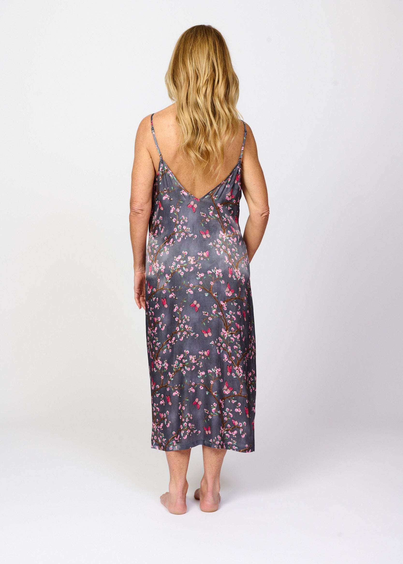 Pretty cherry blossom floral print silky feel chemise nightie - back view
