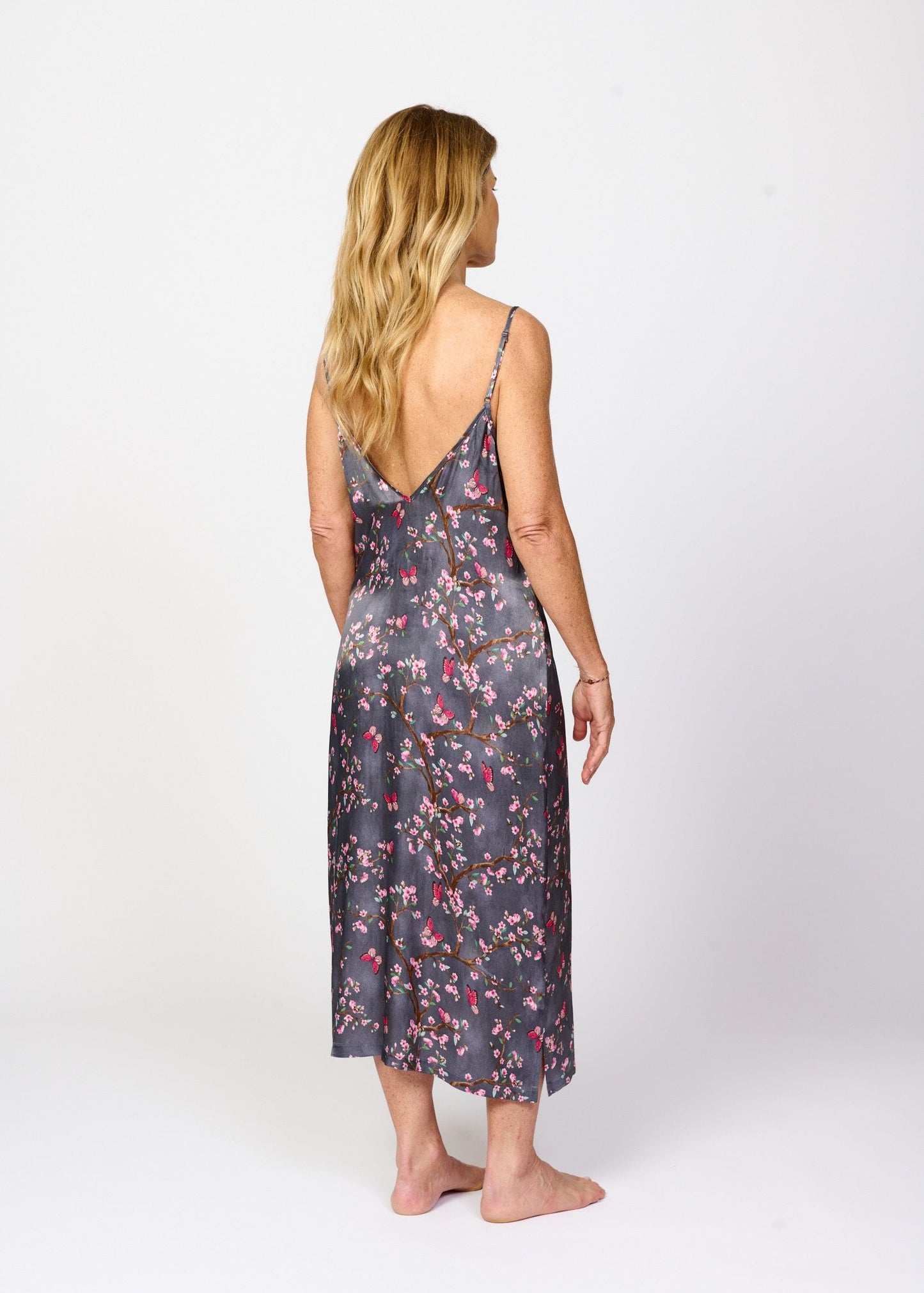 Pretty cherry blossom floral print silky feel chemise nightie - back side view