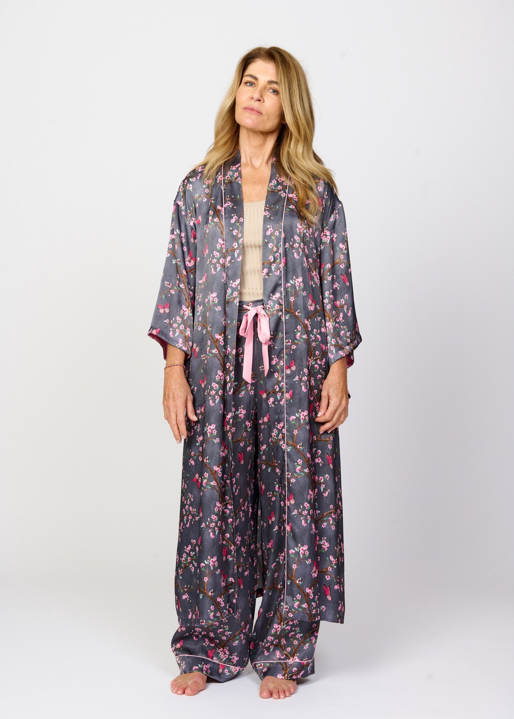 Pretty cherry blossom floral print silky feel kimono robe - front view - shown with matching pyjama pants