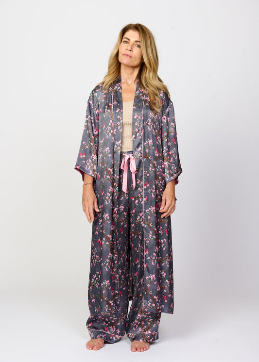 Pretty cherry blossom floral print silky feel kimono robe - front view - shown with matching pyjama pants