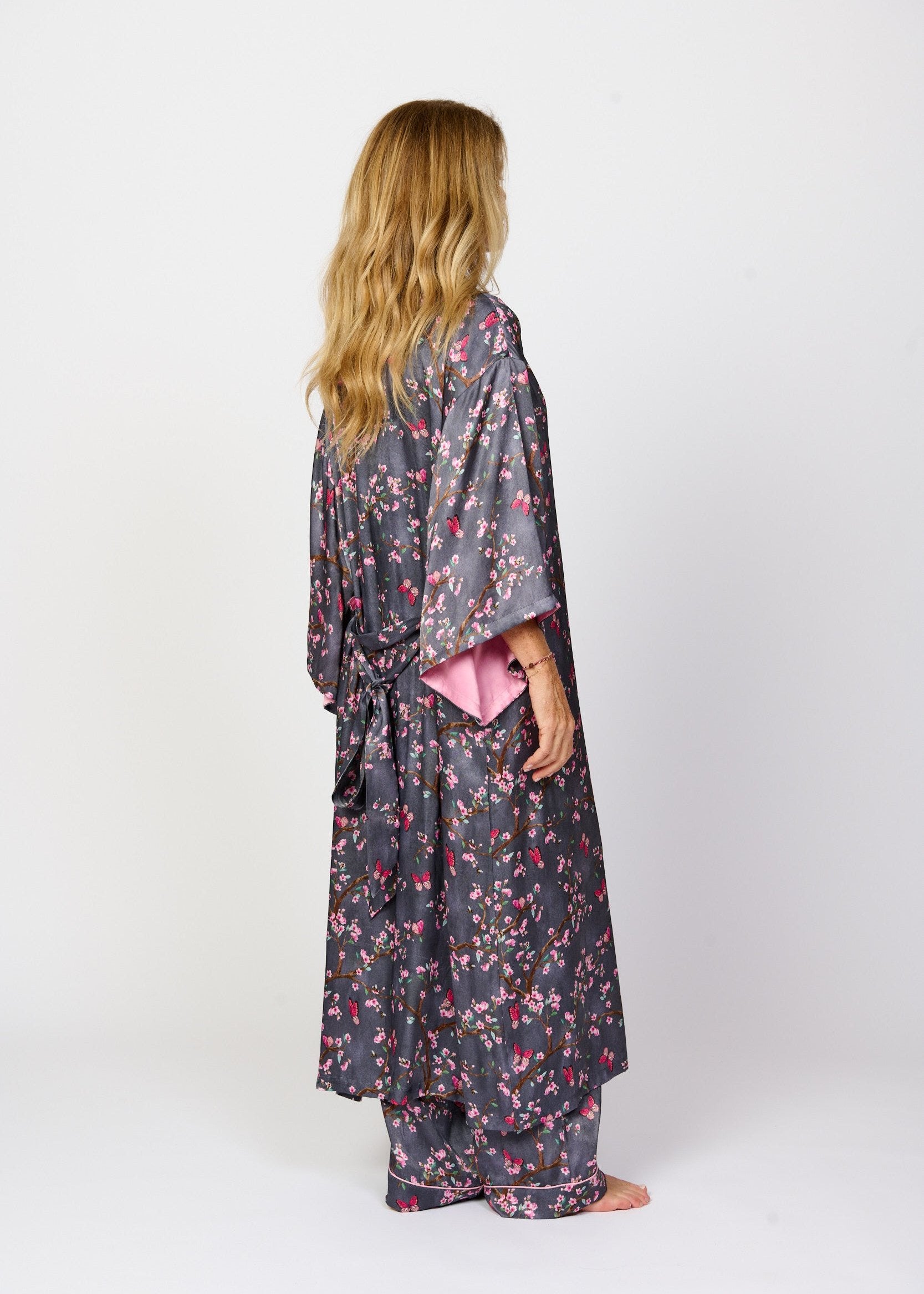 Pretty cherry blossom floral print silky feel kimono robe - back side view - shown with matching pyjama pants