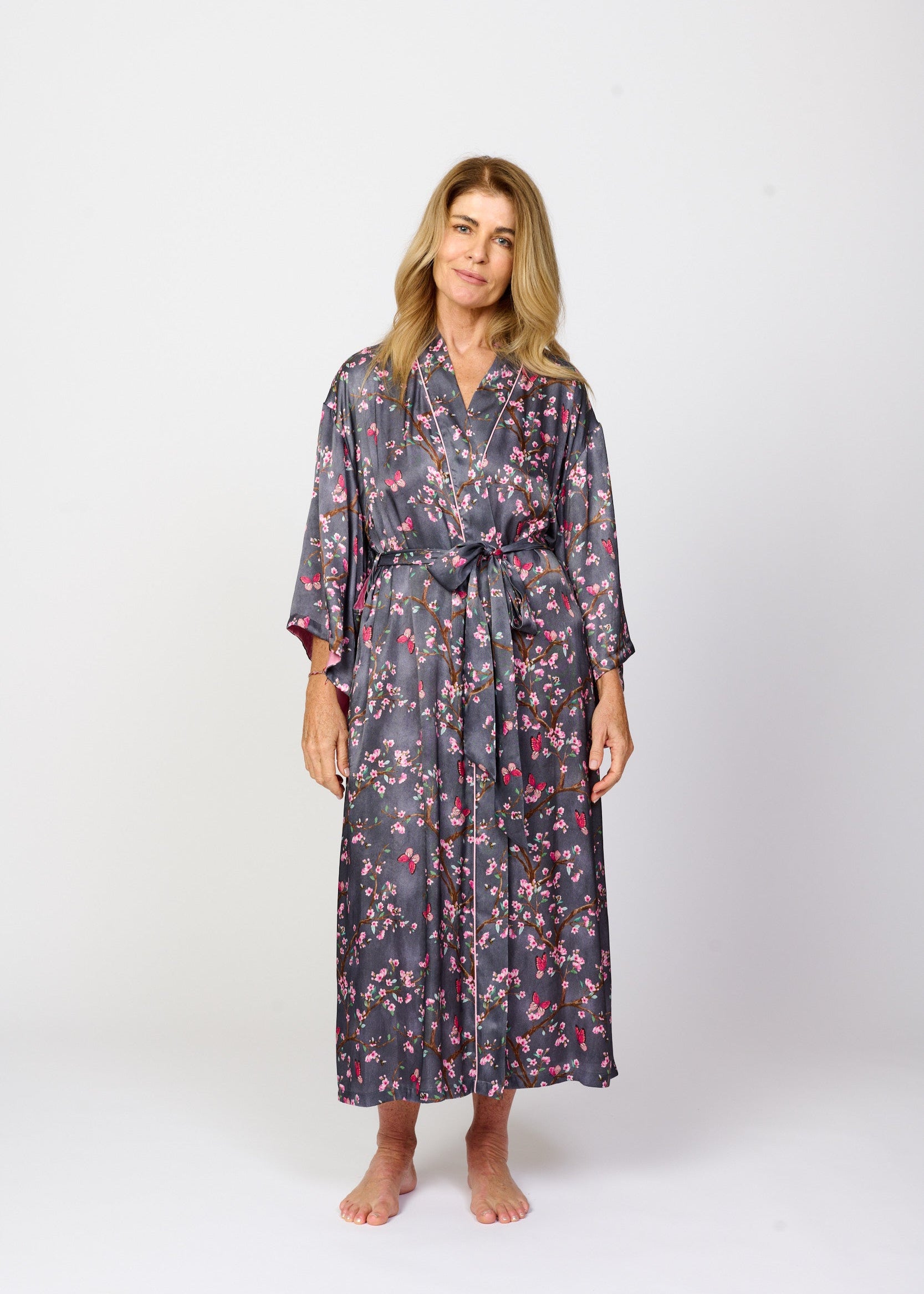 Pretty cherry blossom floral print silky feel kimono robe - front view 