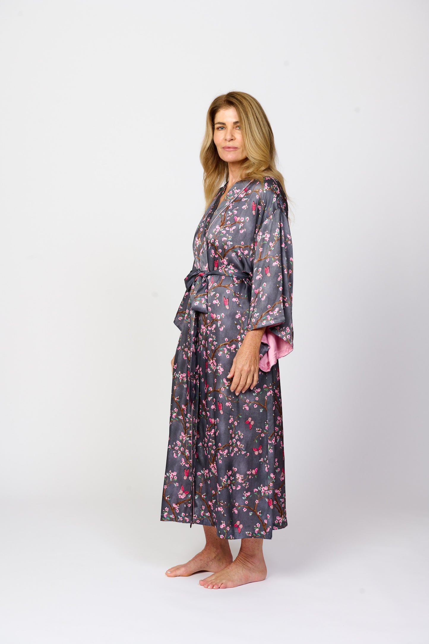 Pretty cherry blossom floral print silky feel kimono robe - front side view 