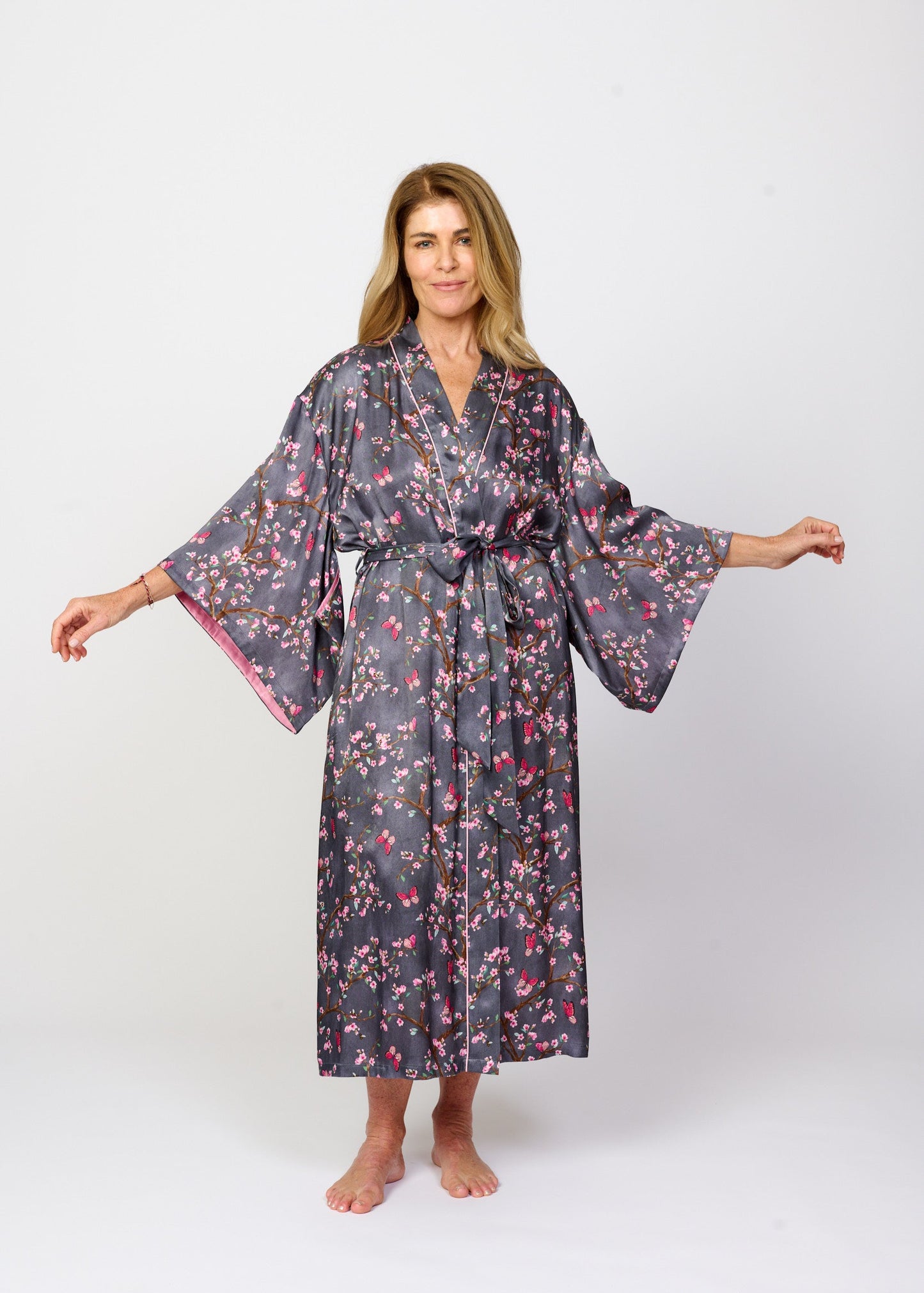 Pretty cherry blossom floral print silky feel kimono robe - front view - arms out