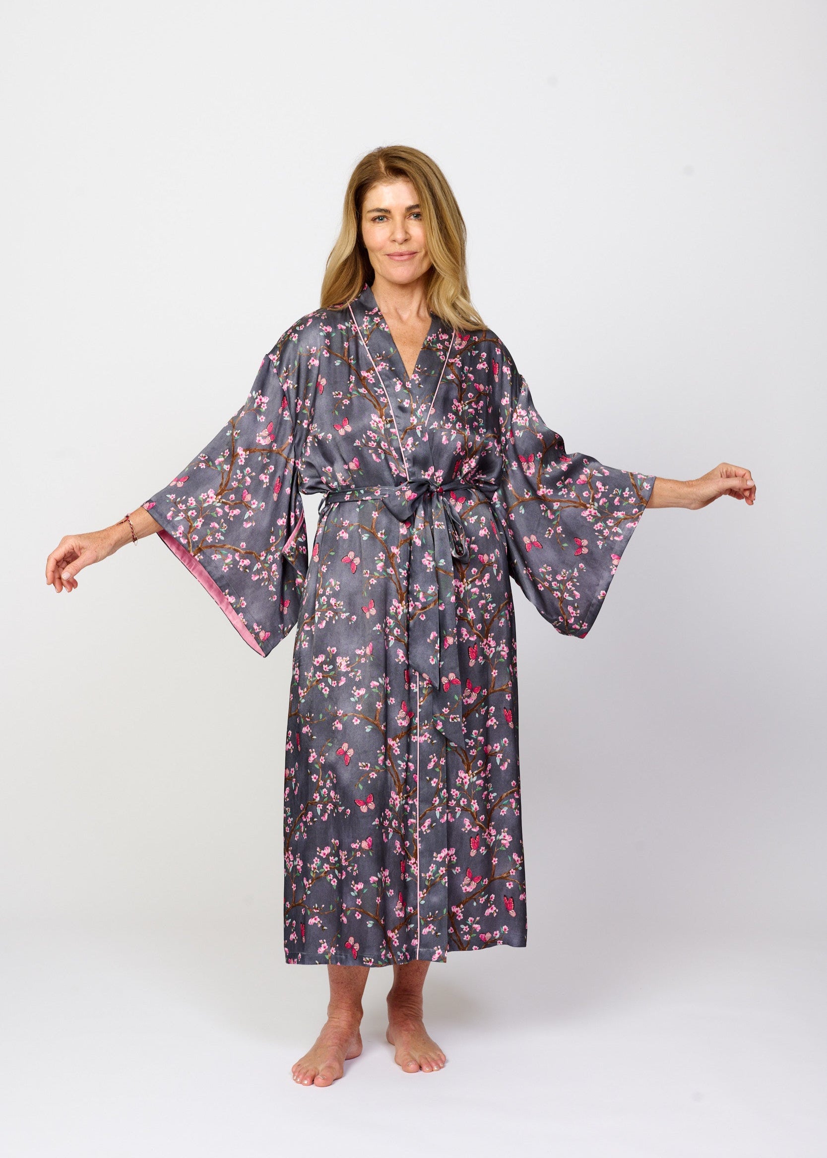 Pretty cherry blossom floral print silky feel kimono robe - front view - arms out