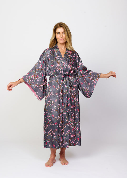 Pretty cherry blossom floral print silky feel kimono robe - front view - arms out