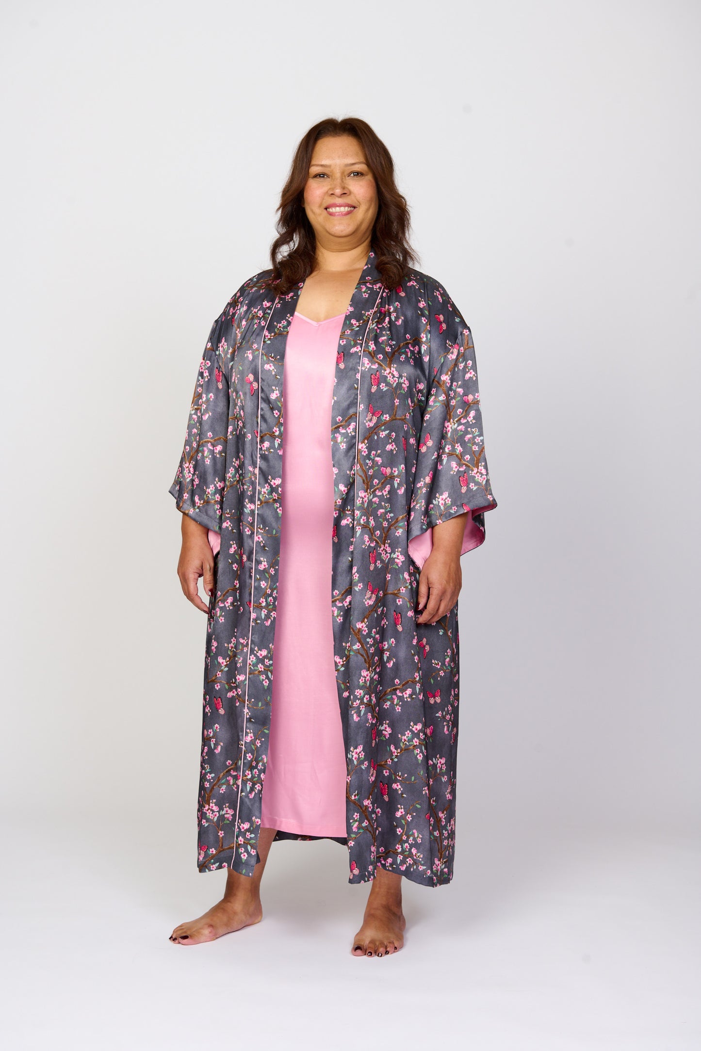 Pretty cherry blossom floral print silky feel kimono robe - front view - shown with soft petal print chemise nightie - large size