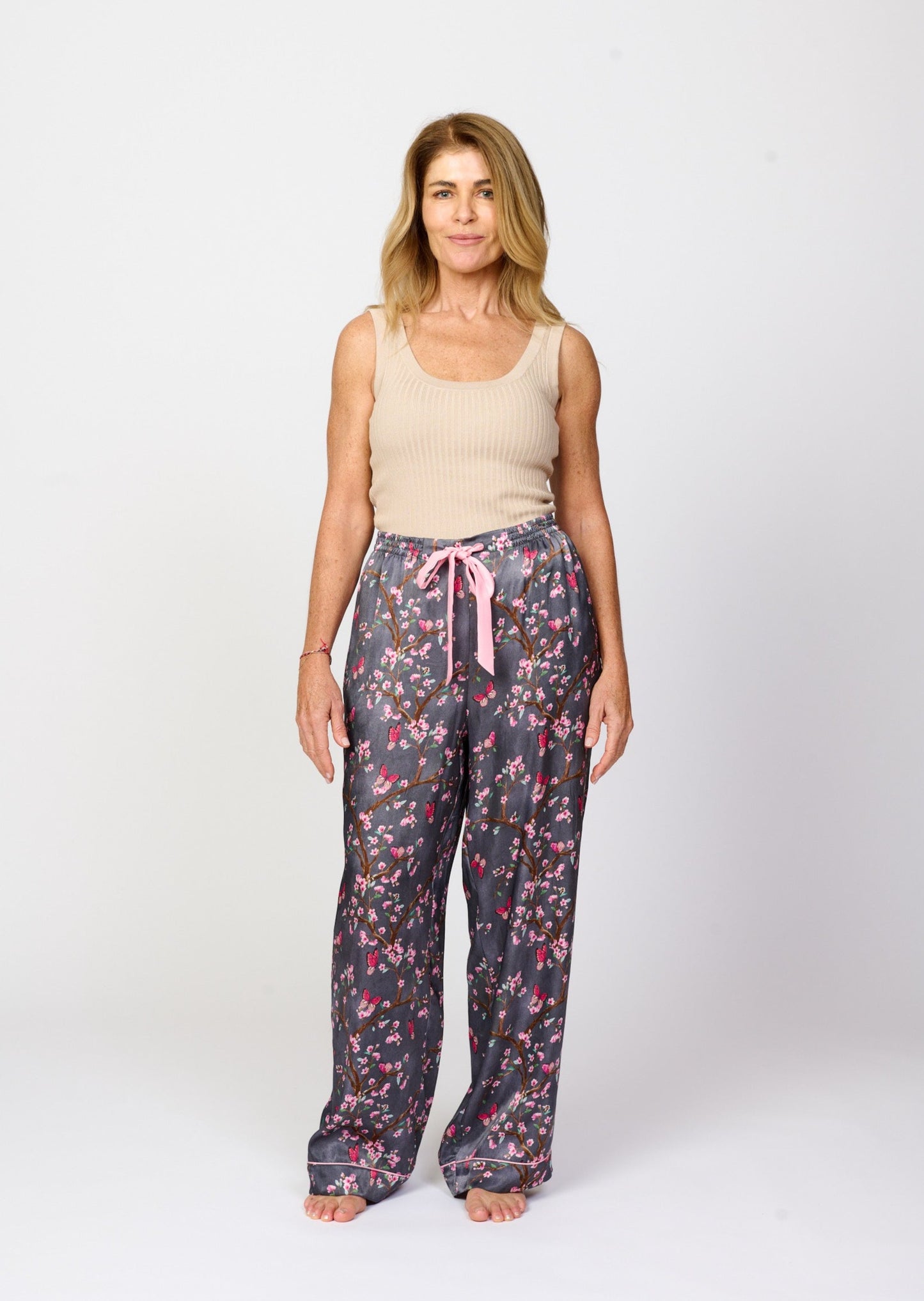 Pretty cherry blossom floral print silky feel pyjama pants - front view
