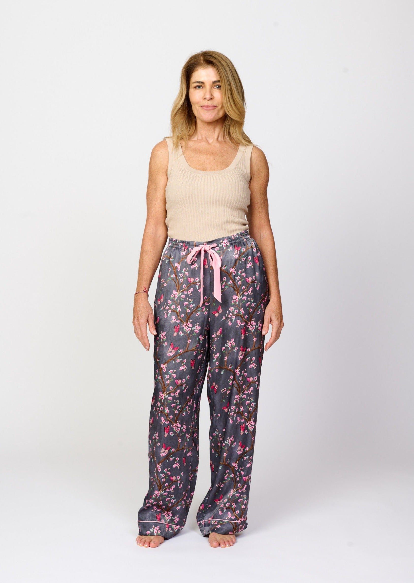 Pretty cherry blossom floral print silky feel pyjama pants - front view