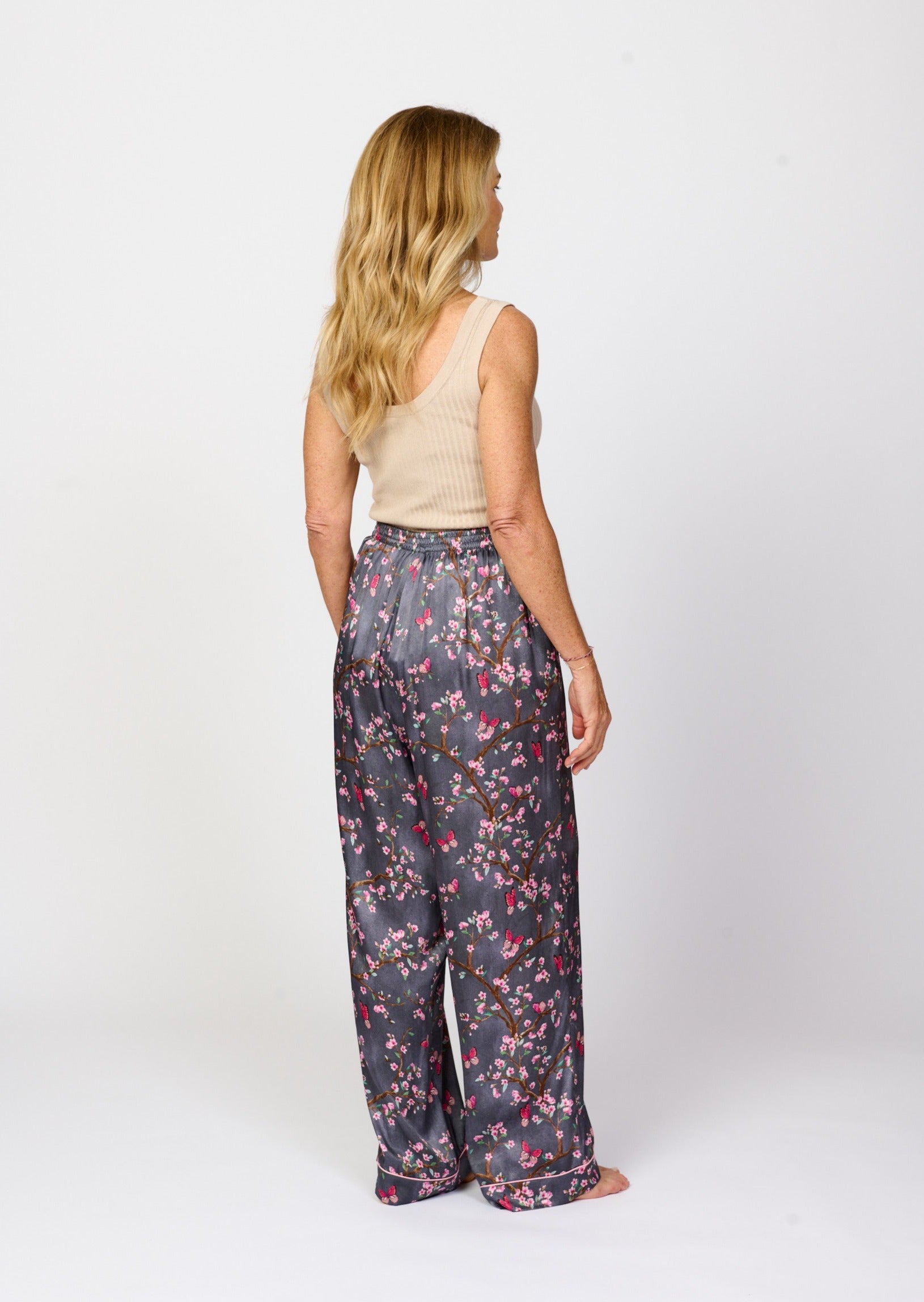 Pretty cherry blossom floral print silky feel pyjama pants - back side view