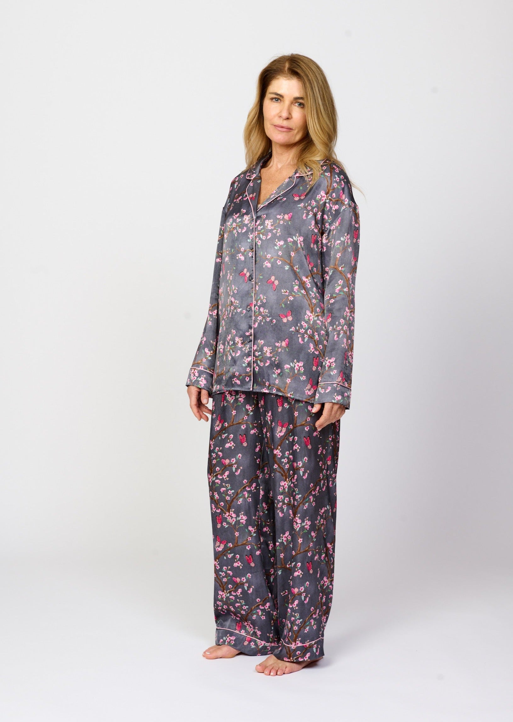 Pretty cherry blossom floral print silky feel pyjama pants - front view shown with matching pyjama top