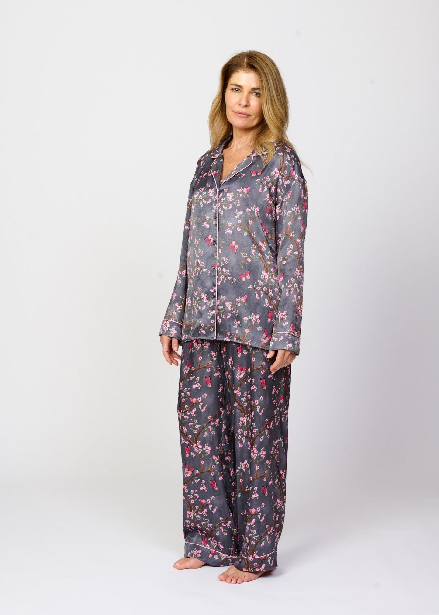 Pretty cherry blossom floral print silky feel pyjama shirt - front view shown with matching pyjama pants