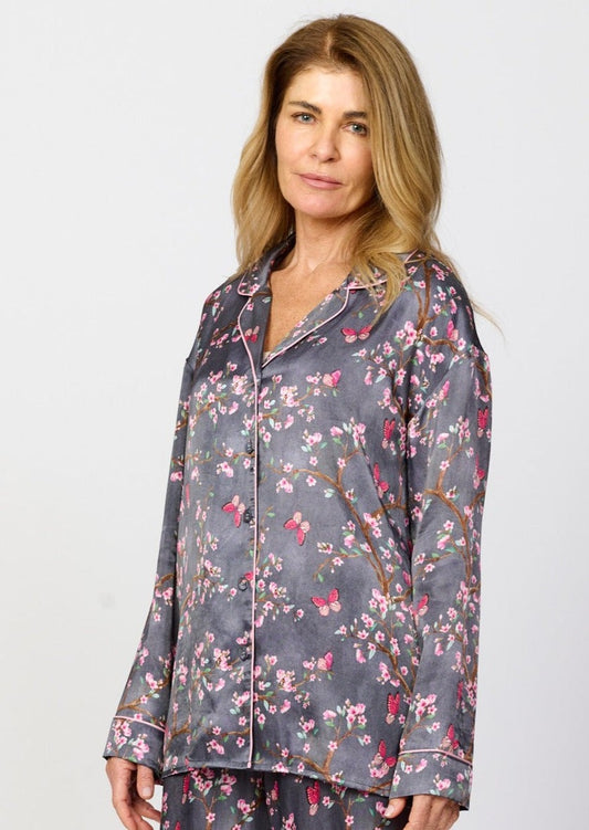 Pretty cherry blossom floral print silky feel pyjama shirt - front view