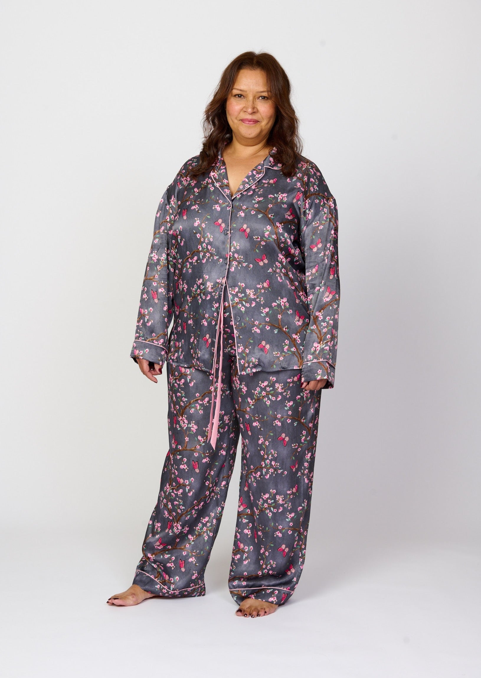 Pretty cherry blossom floral print silky feel pyjama shirt - front view - shown with matching pyjama pants - larger size