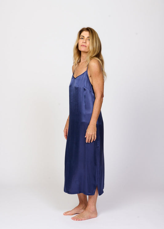 Cool cobalt blue silky feel mid calf length chemise nightie front side view