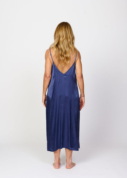 Cool cobalt blue silky feel mid calf length chemise nightie back view